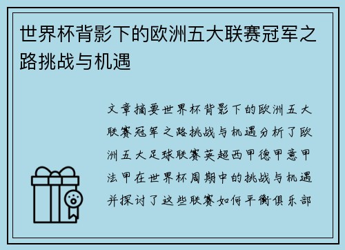 世界杯背影下的欧洲五大联赛冠军之路挑战与机遇 世界杯背影下的欧洲五大联赛冠军之路挑战与机遇